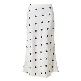 Bardot Pheobe Polka Dot Slip Skirt in black spot, bias-cut satin finish midi length with elasticated waist and draped silhouette