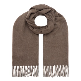 Corneliani Cashmere Fringed Scarf in taupe, oblong silhouette with two-tone flecked weave and fringe trim edges