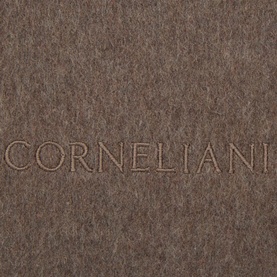 Corneliani Cashmere Fringed Scarf in taupe, close-up of two-tone flecked weave texture with embossed brand logo