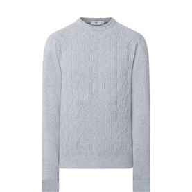 Inis Meain silver merino wool cashmere cable-knit crew neck jumper, flat lay showing ribbed neckline and cuffs