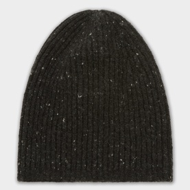 Inis Meain Black Fleck cashmere ribbed knit beanie hat with flecked texture detail