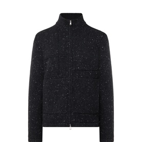 Inis Meain black fleck merino wool and cashmere zip-through knit jacket with funnel neck and front patch pockets