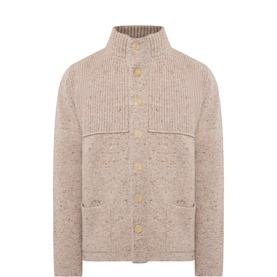 Inis Meain tan fleck merino wool knit jacket with ribbed funnel neck, button-front fastening and patch pockets