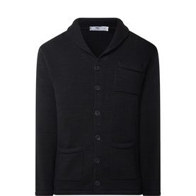 Inis Meain black merino wool and linen cardigan with shawl collar, button front, chest pocket, and two patch pockets