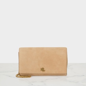 Lauren tan leather crossbody bag with gold chain strap and RL monogram clasp detail