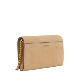 Lauren tan leather crossbody bag with gold chain strap and flap closure, side angle view