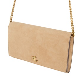 Lauren tan leather crossbody bag with gold chain strap and gold RLL logo plaque, structured envelope silhouette
