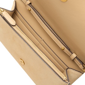 Lauren tan leather crossbody bag, open interior view showing zip pocket and multiple card slots, gold-tone hardware detail visible