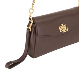 Lauren chestnut brown nappa leather crossbody bag with gold-tone chain strap, RL monogram clasp, and detachable wrist strap