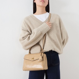Model carrying Lauren Farrah Small Satchel Bag in tan croc-embossed leather, gold-tone hardware, top handle and crossbody strap