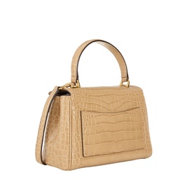 Lauren Farrah Small Satchel Bag in tan croc-embossed leather, gold-tone hardware, top handle, exterior slip pocket visible