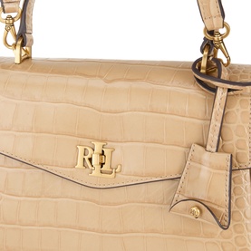 Lauren Farrah Small Satchel Bag in tan croc-embossed leather with gold-tone monogram turn-lock closure and top carry handle