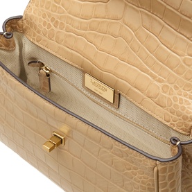 Lauren Farrah Small Satchel Bag in tan croc-embossed leather, open interior view showing gold-tone zip pocket and logo plaque