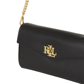 Lauren black leather crossbody bag with gold-tone chain strap and engraved RLL logo clasp on flap closure