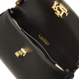 Lauren black leather crossbody bag, open view showing interior, gold-tone hardware and clasp fastening detail