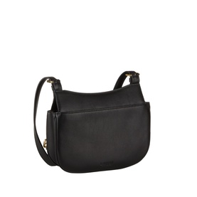 Lauren Marcy Logo Crossbody Bag in black leather with gold-toned hardware, buckle fastenings, and adjustable crossbody strap