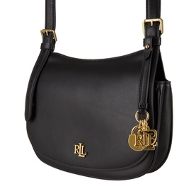 Lauren Marcy Logo Crossbody Bag in black leather with gold-toned hardware, RLL monogram charm, and adjustable crossbody strap