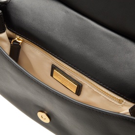 Lauren Marcy Logo Crossbody Bag in black leather, open interior view showing beige lining, zip pocket, and gold-toned hardware details