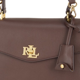 Lauren chestnut brown leather crossbody bag with gold-tone RLL monogram hardware and envelope flap detail, shown close up.