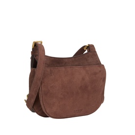 Lauren Marcy Charm Crossbody Bag in chestnut brown suede leather with gold-tone hardware, adjustable strap and curved flap silhouette