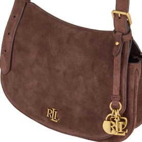 Lauren Marcy Charm Crossbody Bag in chestnut brown suede leather, gold-tone hardware, branded RLL logo and charm detail, adjustable strap
