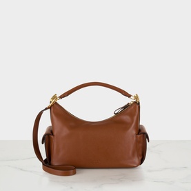 Lauren Blaike Logo Small Shoulder Bag in Lauren Tan leather, gold-toned hardware, side flap pockets, top zip, detachable shoulder strap