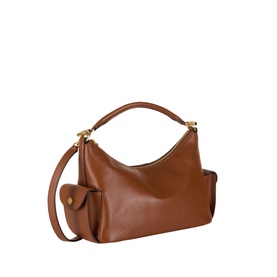 Lauren Blaike Logo Small Shoulder Bag in Lauren Tan leather, gold-toned hardware, side flap pockets, top handle and shoulder strap