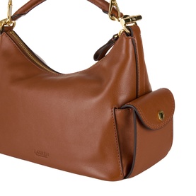 Lauren Blaike Logo Small Shoulder Bag in Lauren Tan leather with gold-toned hardware, side flap pocket and top zip fastening visible.