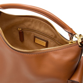 Lauren Blaike Logo Small Shoulder Bag in Lauren Tan leather, open top zip showing tan interior lining and gold-toned hardware detail