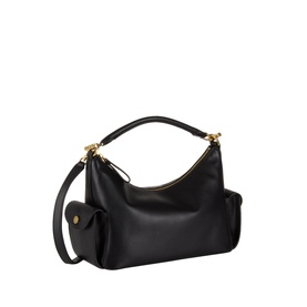 Lauren black leather shoulder bag with gold-tone hardware, top handle, detachable crossbody strap, and small coin purse attachment