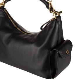 Lauren black leather shoulder bag with gold-tone zip and clasp hardware, side pocket with press-stud fastening