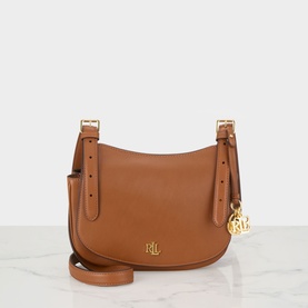 Lauren Tan leather crossbody bag with gold-tone hardware, RL monogram charm, and adjustable shoulder strap