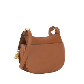 Lauren Tan leather crossbody bag with gold-tone hardware, structured saddle silhouette, top handle and adjustable shoulder strap