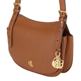 Lauren tan leather crossbody bag with gold-tone hardware, monogram charm, flap closure, and adjustable shoulder strap