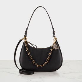 Lauren Marcy Logo Shoulder Bag in black leather with gold-toned chain detail, logo charm, and adjustable crossbody strap