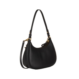 Lauren Marcy Logo Shoulder Bag in black smooth leather with gold-toned hardware, single shoulder strap and curved base