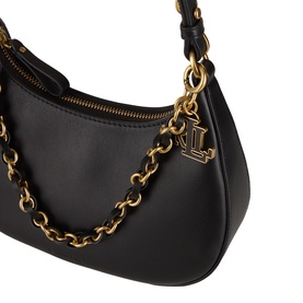 Lauren Marcy Logo Shoulder Bag in black leather, gold-toned chain strap, logo charm, and top-zip fastening detail