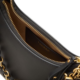 Lauren Marcy Logo Shoulder Bag in black leather, open top-zip view showing tan interior lining and gold-toned chain strap detail.
