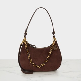 Lauren Marcy Charm Shoulder Bag in chestnut brown suede leather with gold-tone chain strap and branded keyring charm