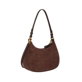 Lauren Marcy Charm Shoulder Bag in chestnut brown suede leather with gold-tone chain hardware and slim shoulder strap