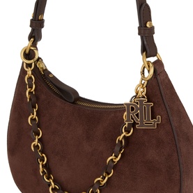 Lauren Marcy Charm Shoulder Bag in chestnut brown suede leather with gold-tone chain strap, top-zip fastening and branded RL keyring charm.