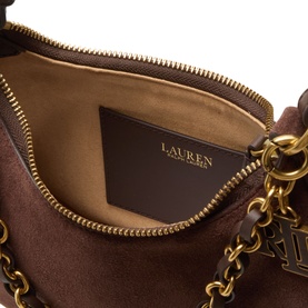 Lauren Marcy Charm Shoulder Bag in chestnut brown leather, interior view showing gold-tone zip, chain strap and branded logo charm detail.