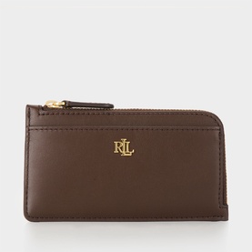 Lauren Small Logo Zip Cardholder in chestnut brown smooth leather with gold-toned RL monogram logo and zip-around fastening.