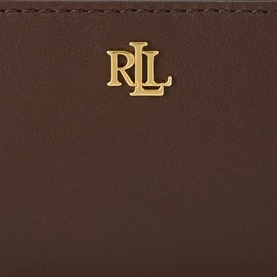 Lauren Small Logo Zip Cardholder in chestnut brown smooth leather with gold-toned RLL monogram hardware detail.