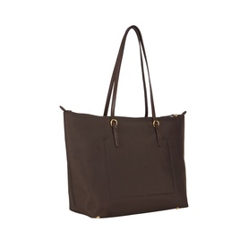 Lauren chestnut brown nylon tote bag with gold-tone hardware, dual shoulder straps and structured base, side view