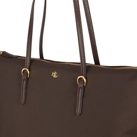 Lauren chestnut brown nylon tote bag, gold-tone logo plaque and hardware, zip top closure, double shoulder straps with buckle detail