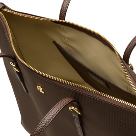 Lauren Tote in chestnut brown nylon, interior view showing olive green lining, zip pocket, and gold-tone RL monogram hardware