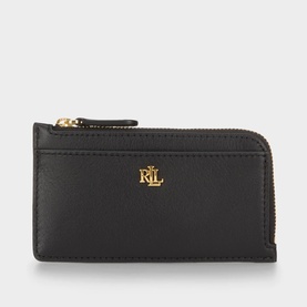 Lauren black leather small wallet with gold-tone RL monogram logo and zip fastening, L-shaped zip design