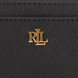 Lauren Small Wallet in black pebbled leather with gold-tone RLL monogram logo detail, close-up view