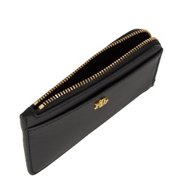 Lauren black leather small wallet with gold-tone zip and logo charm, shown open at an angle